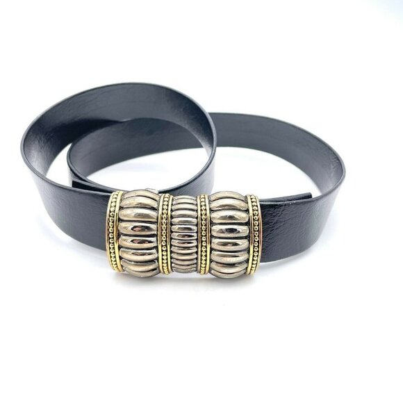 Paquette Women's Belt Gold Tone Buckle Clasp Hook Closure Black Leather Strap - Picture 1 of 5